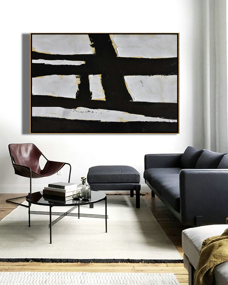 Modern Art Abstract Painting,Horizontal Palette Knife Minimal Canvas Art Painting Black White Beige - Original Modern Art,Large Wall Art Handmade